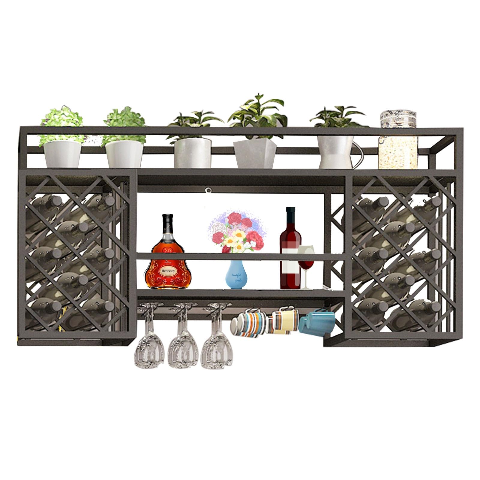 Armadietto per vino in ferro da parete, in metallo nero, con mensole (128 x 25 x 61 cm (L x P x A)