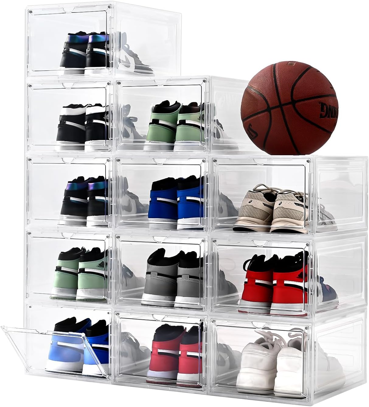 Shoe Organizer,Thicken & Sturdy Shoe Boxes with Magnetic Door,Stackable Plastic Shoe Storage Boxes Containersfor Sneakers,13.5" x 10.5" x 7.4" (Clear, 12 Pack)