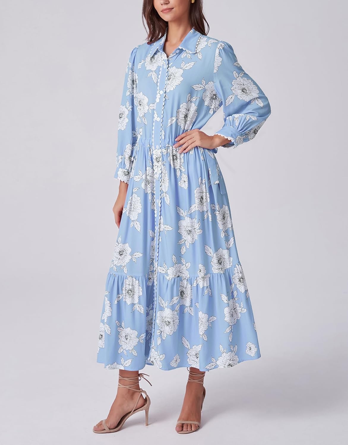 Kedera Womens Maxi Shirt Dress Floral Fall Collared 3/4 Long Sleeve Button Down Drawstring Waist Midi Dresses Winter - Image 4