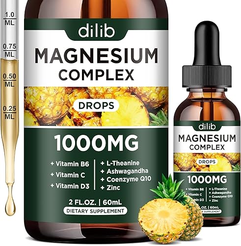 Suplemento triple de complejo de magnesio, glicinato de magnesio, mezcla, gotas líquidas de citrato de 1000 mg con Ashwagandha, CoQ10, vitamina B6,
