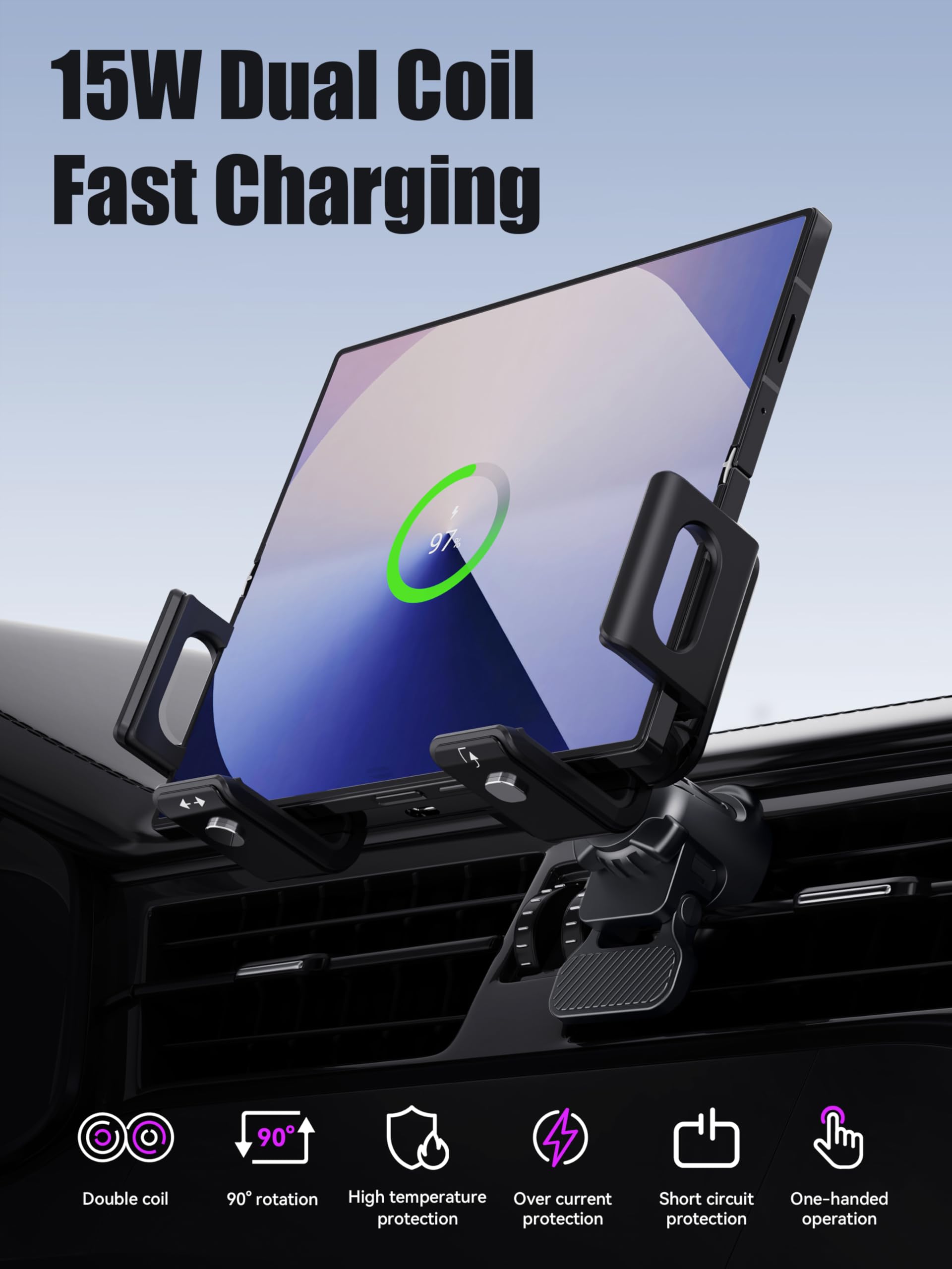 Support de téléphone pour voiture à double bobine, chargeur sans fil voiture QI 15W, compatible avec Samsung Galaxy Z Fold/Flip 6/5/4/3, Support de capteur de téléphone portable pour Google 8a/9 pro/9