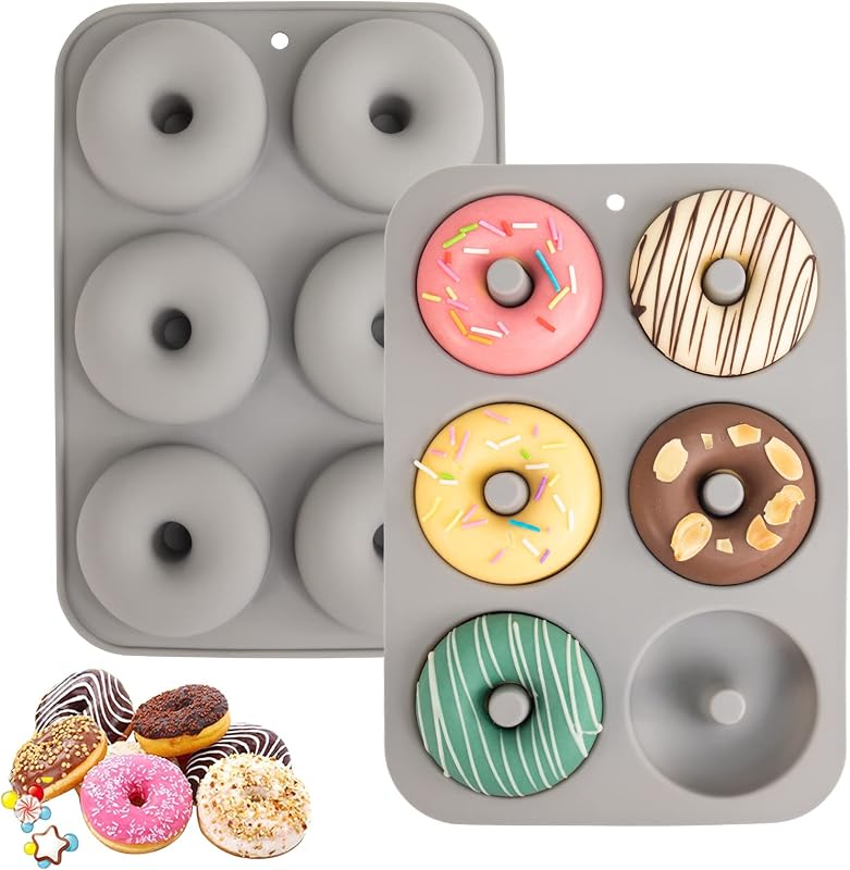 Aichoof Molde para Donuts de Silicona Antiadherente para 6 Donuts, Sin BPA, Paquete de 2 Gris | Bagels del silicón de la categoría alimenticia LFGB que cuece el molde, caja fuerte del lavaplatos, a prueba de calor y caja fuerte de la microonda