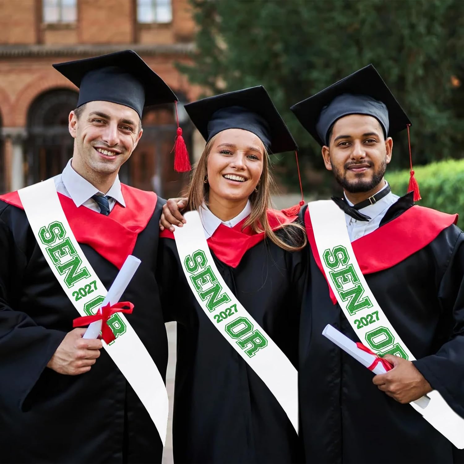 6pcs White Senior 2027 Sashes with Green Glitter Printing Letters