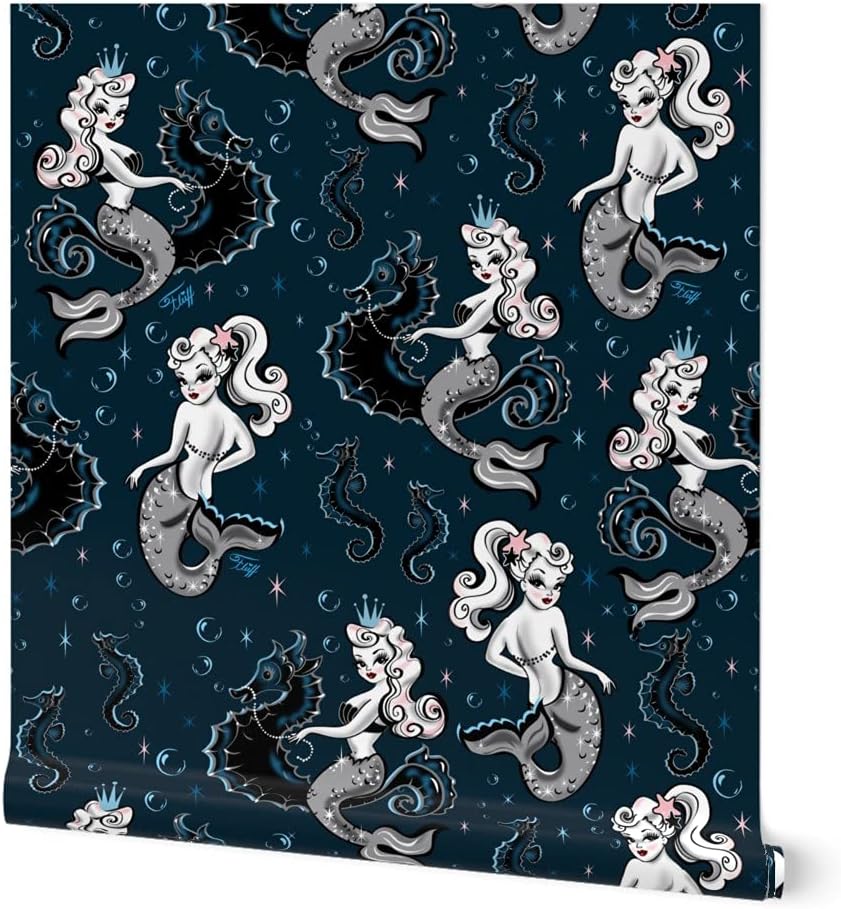 Flash Deals - 40% OFF Spoonflower Peel and Stick Removable Wallpaper, Mermaid Mermaids Retro Mermaid Vintage Mermaid Seahorse Mermaid Print, Self-Adhesive Wallpaper 24in x 108in Roll