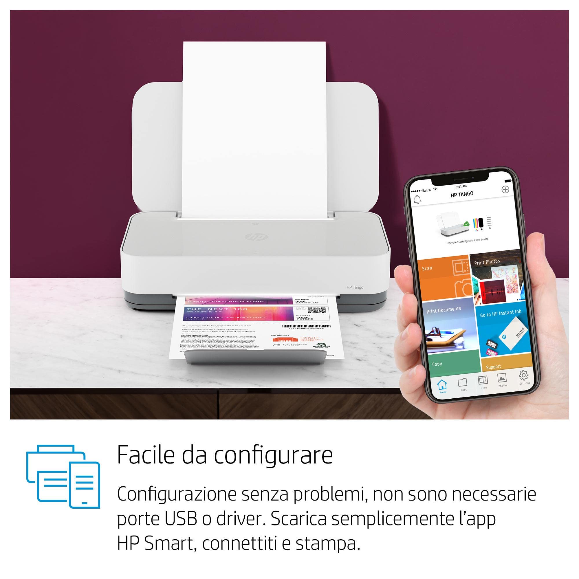 HP Tango X 3DP65B Stampante Smart A4 con Cover, Stampa, Fotocopia e Scansiona da Dispositivi Mobile, Wifi, Wi-Fi Dual Band, HP Smart, 2 Mesi di Servizio Instant Ink Inclusi nel prezzo, Bianco