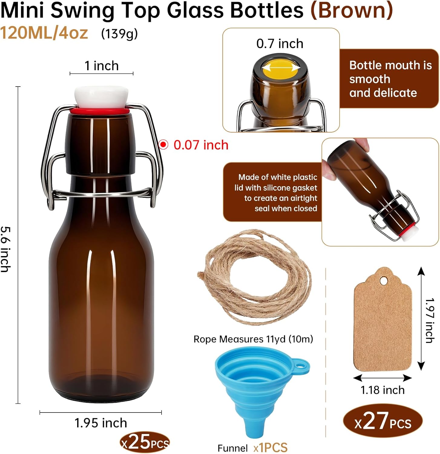 25Pcs 4 oz Amber round Mini Swing Top Glass Bottles with Stoppers Small Flip Top Bottles with Airtight Lids for Crafts Decoration Wedding Themed Party Favors (25)