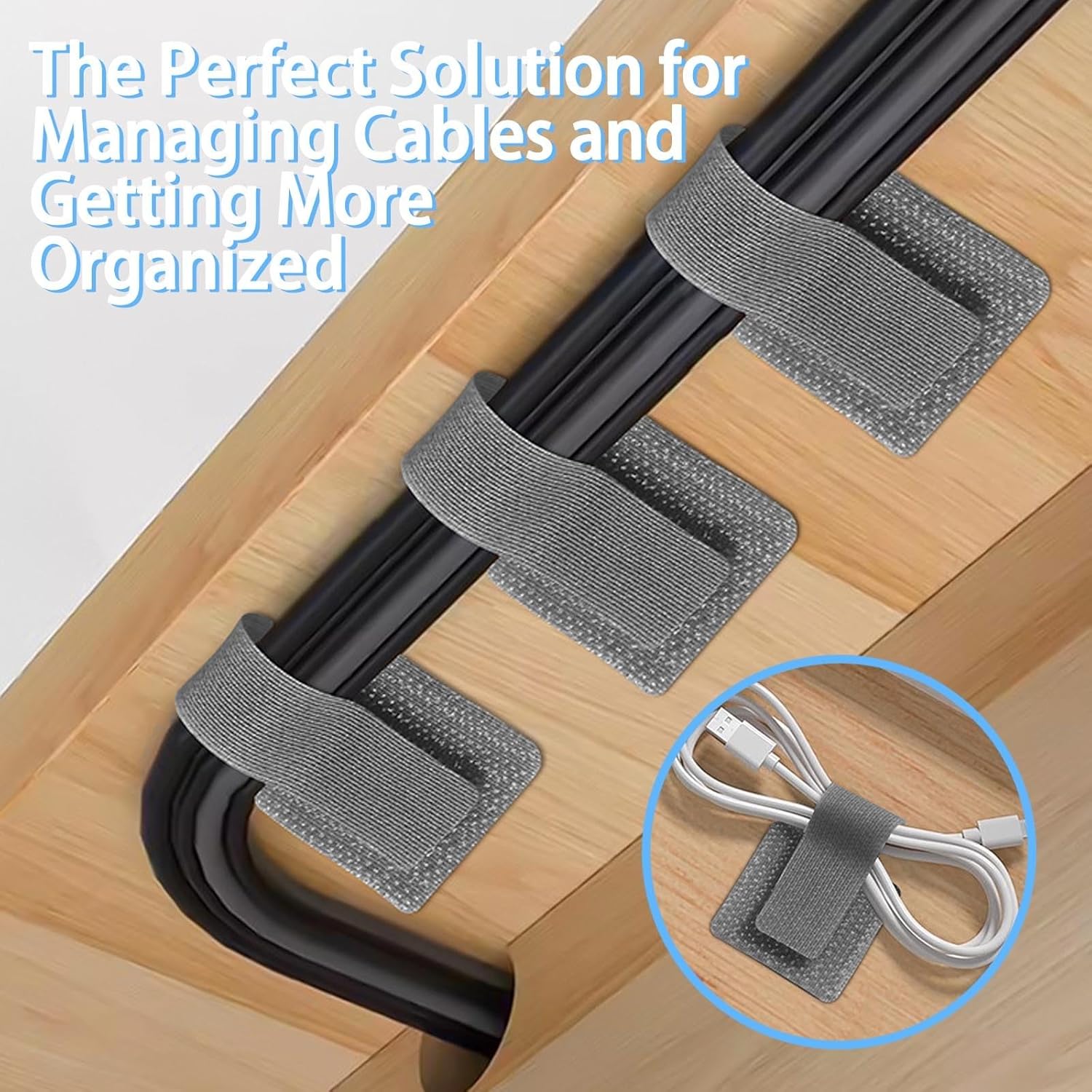 100 Pcs Hook and Loop Cable Ties, Self Adhesive Cord Management Clips Under Desk, Reusable Sticky Back Wire Organizer Straps for TV PC Laptop Office & Home