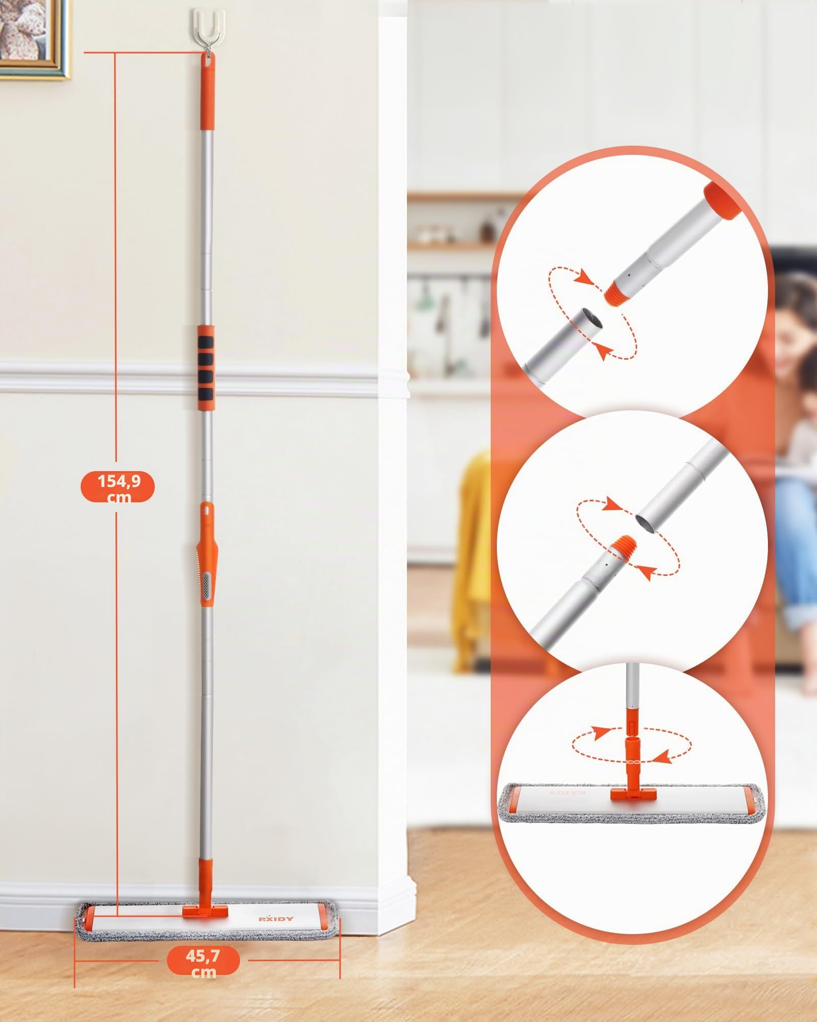 Balai Serpillère Professionnel Balais Nettoyer Sol avec 4 Tampons Lavables Réutilisables Serpillere Balai pour Le Bois Dur, Le Stratifié, Le Bois