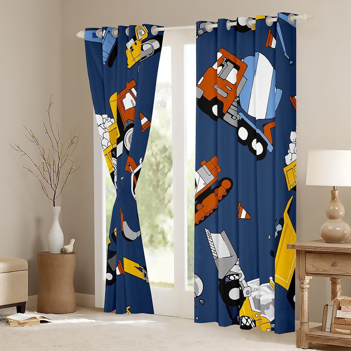 Feelyou Cartoon Car Curtains Living Room Construction Kids Blackout Curtains Equipment Trucks Excavator Tractor Blue Darkening Dreapes Construction Vehicles Window Treatments (2 Panels, 42 x 90 Inch)