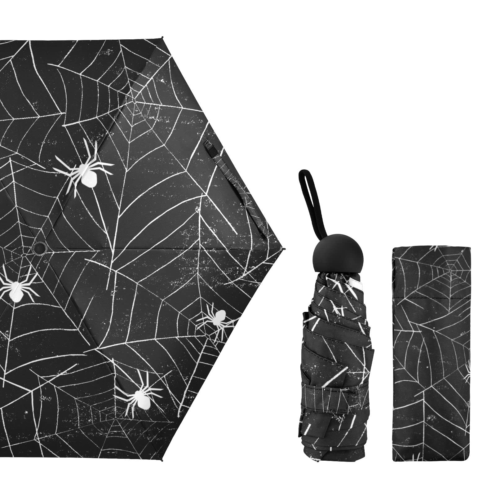 Oyihfvs Retro Halloween Black White Spider Webs with White Spiders on Black Parasol Folding Umbrella, Reinforced Windproof Waterproof, Portable Compact Anti-UV Sun Rain Protection for Travel Outdoor