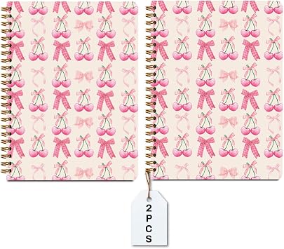 2 PCs Pink Bow Cherry Spiral Notebook Trendy Preppy Journaling Notebooks Cute Coquette Gifts for Women Teen Girls Note Books Journals for Writing Hardcover Notebook Office Classroom Supplies