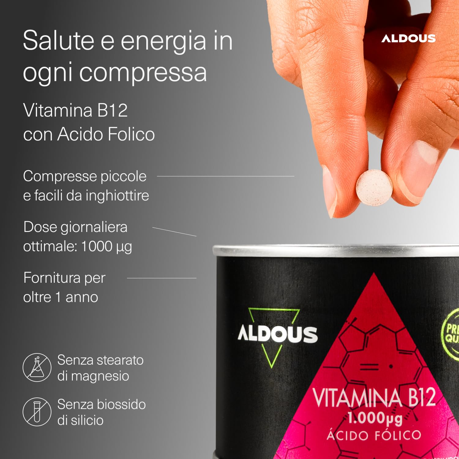 Vitamina B12 e Acido Folico - 400 Compresse (Scorta per +1 Anno) - B12 Vitamina 1000 mcg + Acido Folico 400 mcg - Integratori Stanchezza e Fatica - Integratori Difese Immunitarie - Vegan - ALDOUS
