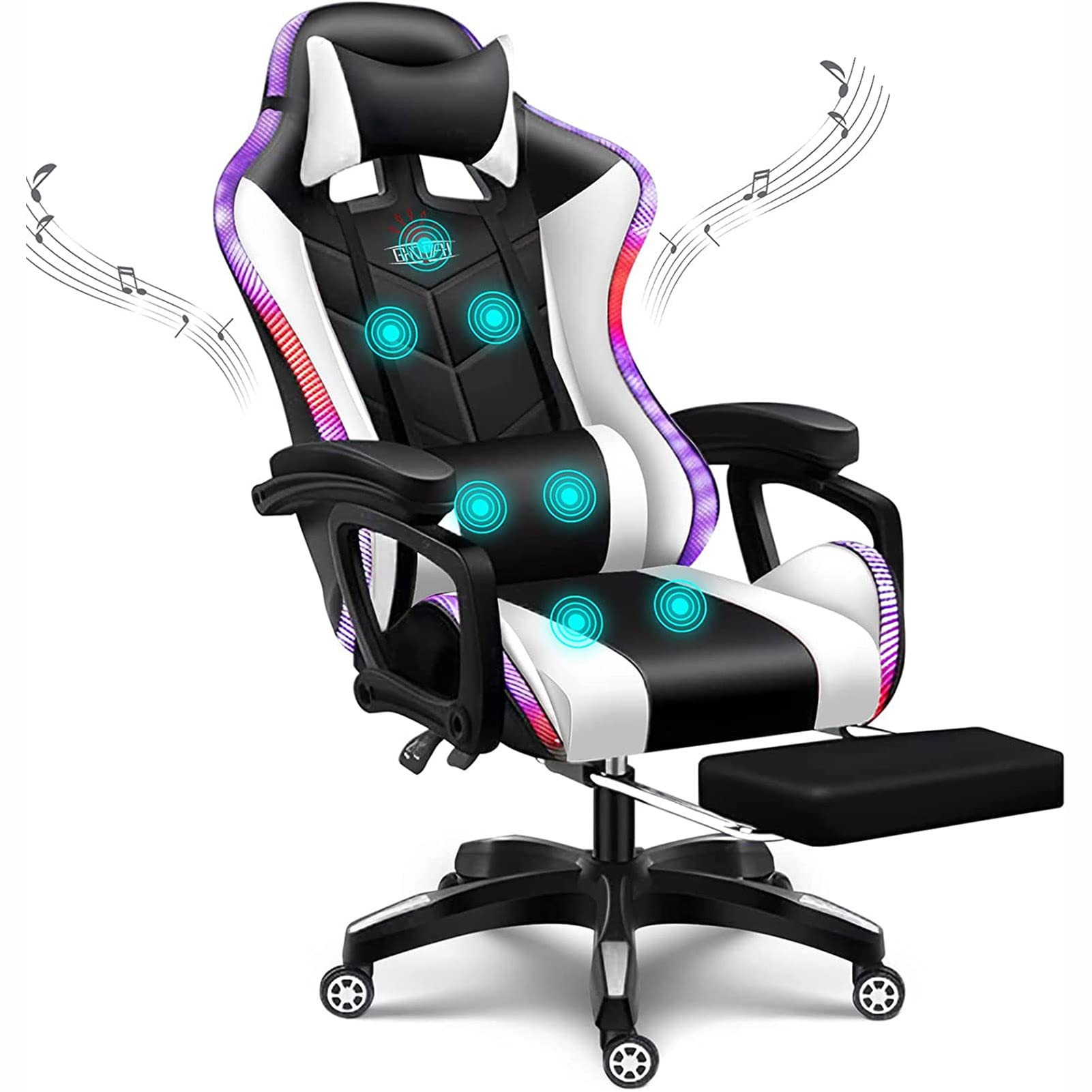 Chaise de jeu pour adultes avec haut-parleurs et LED RVB blanche