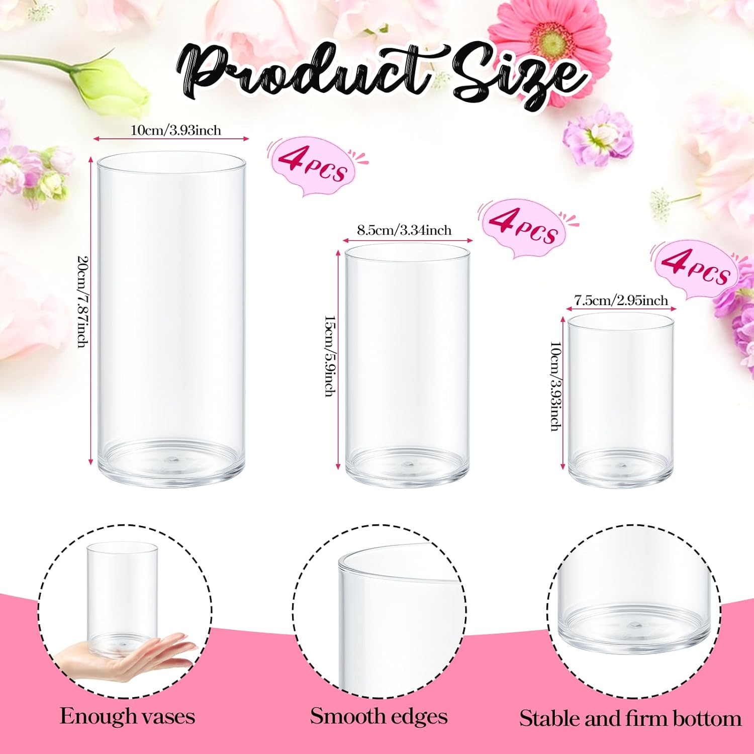 12 Pack Cylinder Vases for Centerpieces 4, 6, 8 Inch Tall Acrylic Cylinder Clear Flower Vase Set Home Decor Centerpiece Table Clear Flower Vase Decorations for Table Shelf, Party, Wedding
