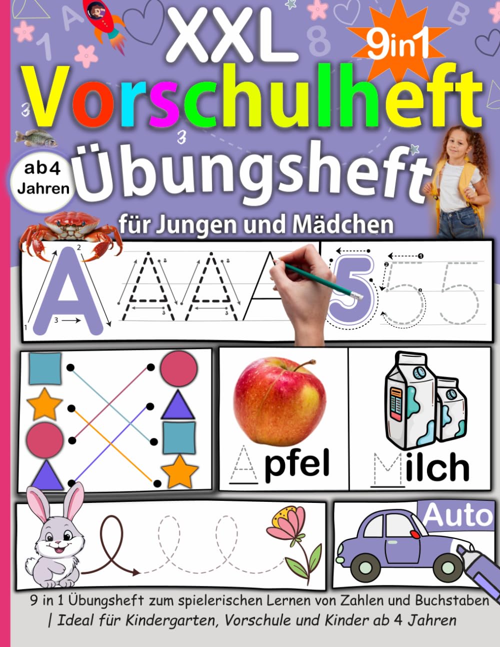 XXL Vorschulheft Übungsheft ab 4 Jahren – ABC Buchstaben und Zahlen schreiben lernen: 9 in 1 Übungsbuch mit Schwungübungen, Formen, Labyrinthen, ... für Kindergarten, Vorschule und Schulstart