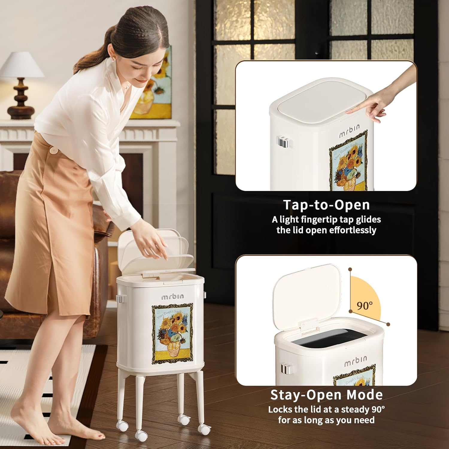 MRBIN Metal Slim Bathroom Trash Can with Legs and Wheels, 15L / 4gal Toilet Press Lid Waste Basket, Covered Office Garbage Pail for Near Desk, Narrow Vanity, Rvs, Kitchen, Sunflower