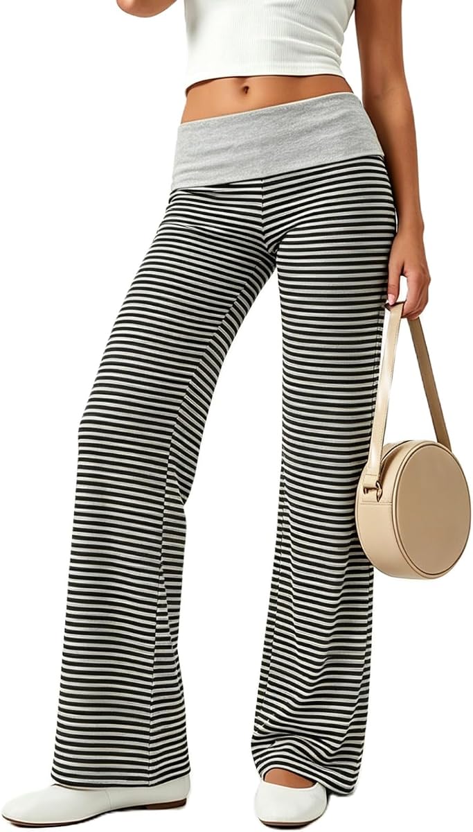 NZNDSHD Fold Over Yoga Pants for Women Low Rise Flare Sweatpants | Gray Fold Over Pants, Striped Leggings, Fold over Sweatpants​, Grey Foldover Pants, Black Fold Over Pants, Lounge Pants