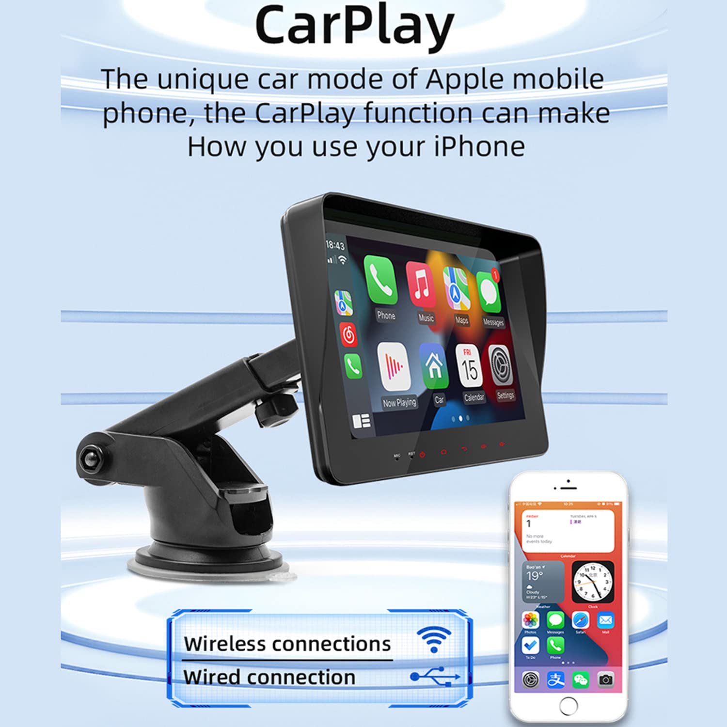 Portatile Monitor autoradio compatibile for Wireless Carplay Android Auto con Bluetooth, collegamento specchio telecomando volante, Bluetooth, trasmettitore FM, telecamera di backup AUX IN USB Port