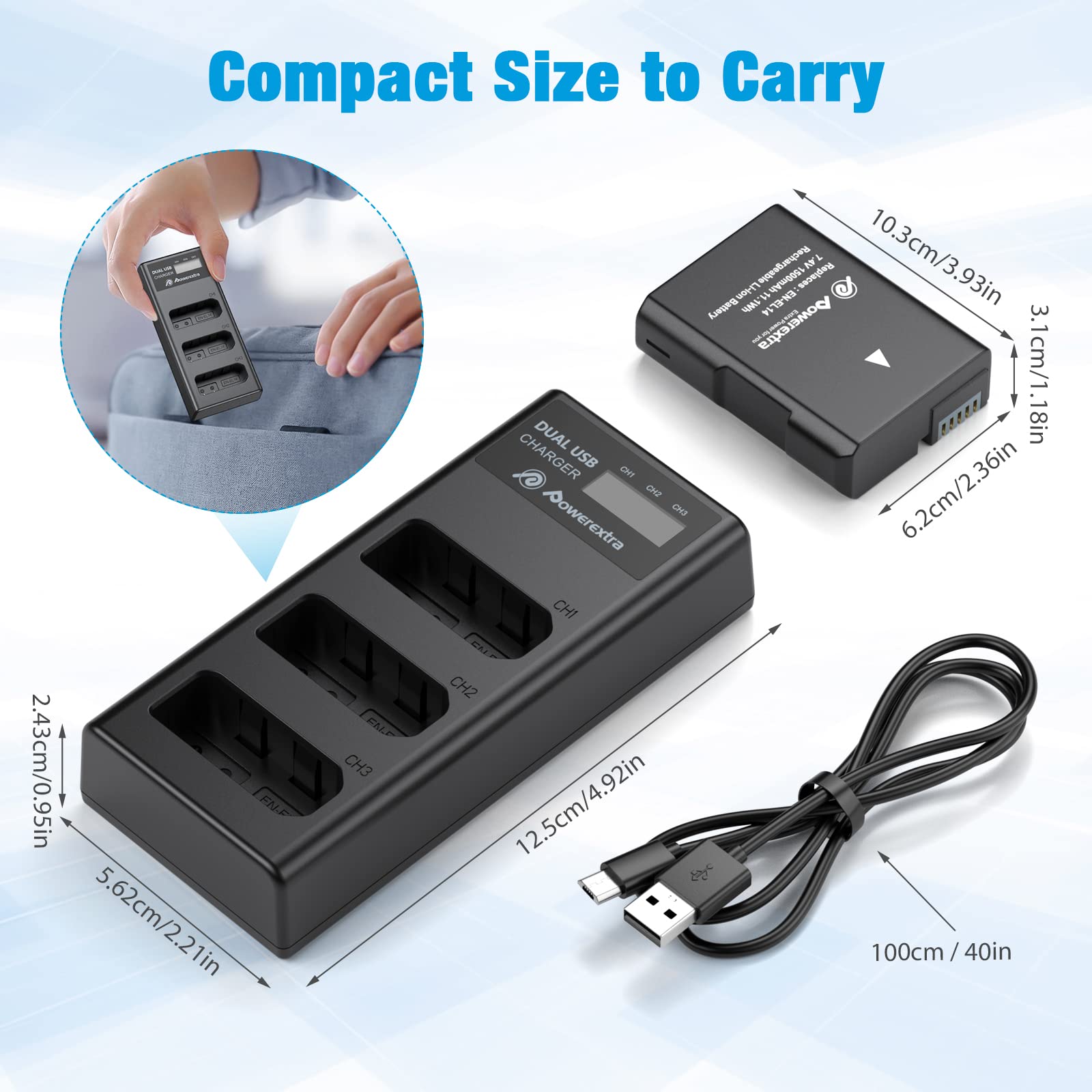 Powerextra 3 x EN-EL14 EN-EL14a Battery & LCD Triple Charger Compatible with Nikon D5600 D5500 D5300 D5200 D5100 D3500 D3400 D3300 D3200 D3100 Df Coolpix P7800 P7700 P7200 P7100 P7000