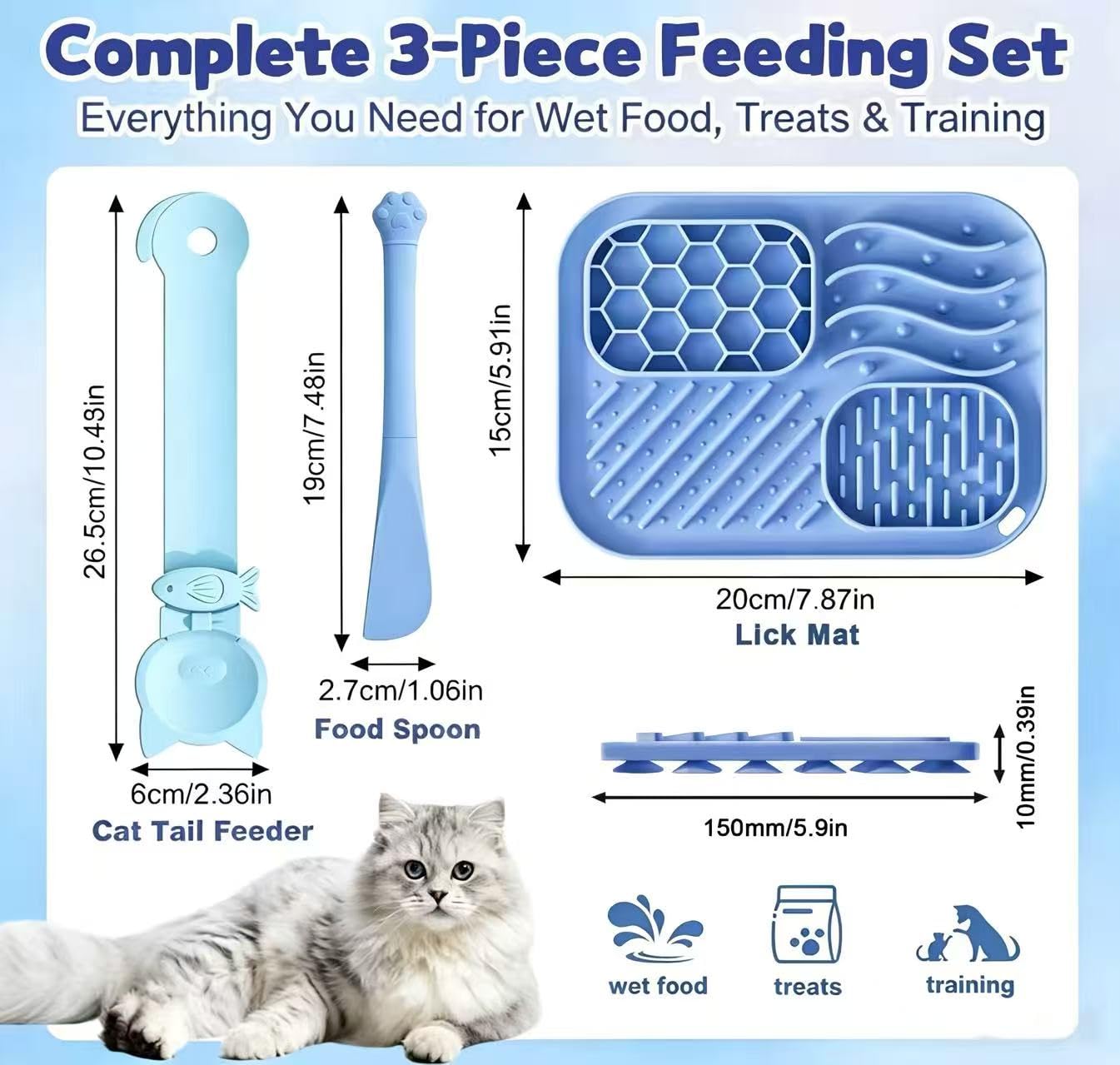 AZY Set di 3 mangiatoie lente per gatti, mangiatoia per coda di gatto in silicone, tappetino per leccare e cucchiaio per cibo per gatti, strumenti per l'alimentazione umida, ciotola per