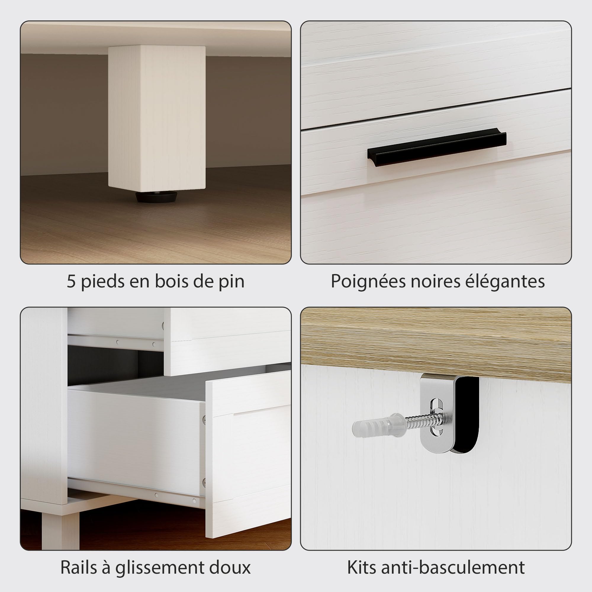 HOMCOM Commode 6 tiroirs, Meuble de Rangement avec Pieds en Bois de pin, Style Moderne, Commode pour Chambre à Coucher, Salon, Couloir, 120 x 38 x 71 cm, Bois Naturel et Blanc