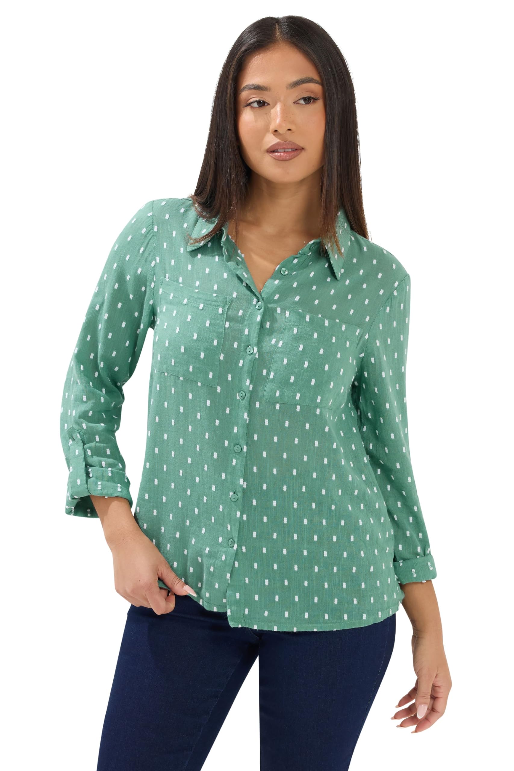 M&Co Women's Green Petite Printed Long Sleeve Shirt In | : Size 12