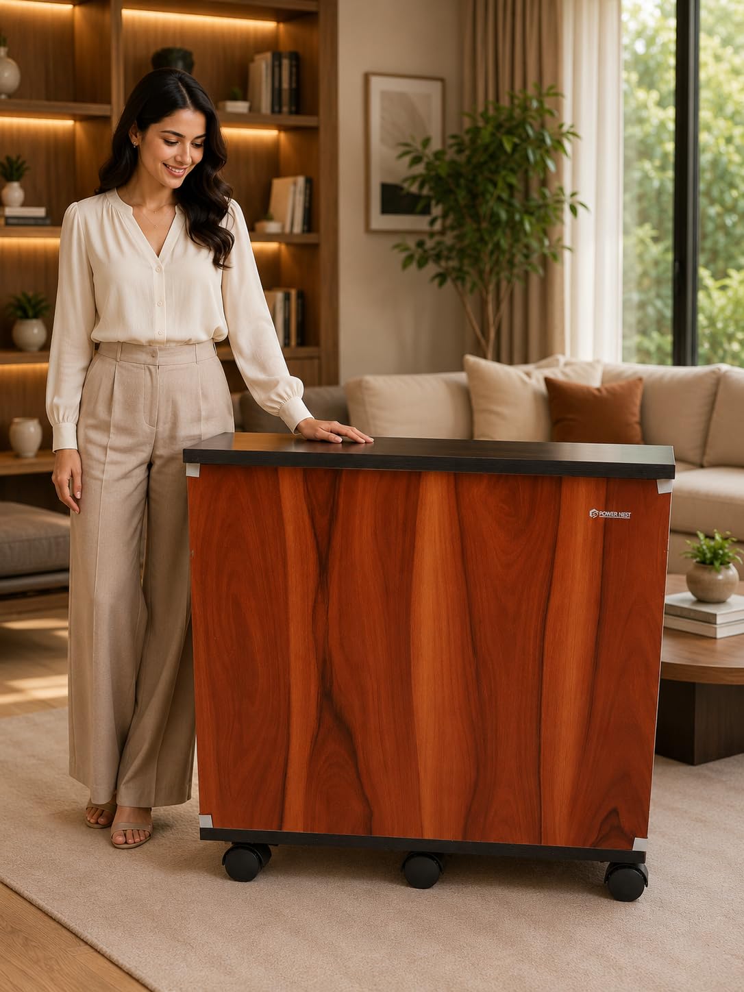 Inverter Battery Trolley with Wheels, Royal Teak Finish, Heavy Duty Wooden Inverter Stand for Home, Durable Battery Storage Cabinet with Castor Wheels-image-17
