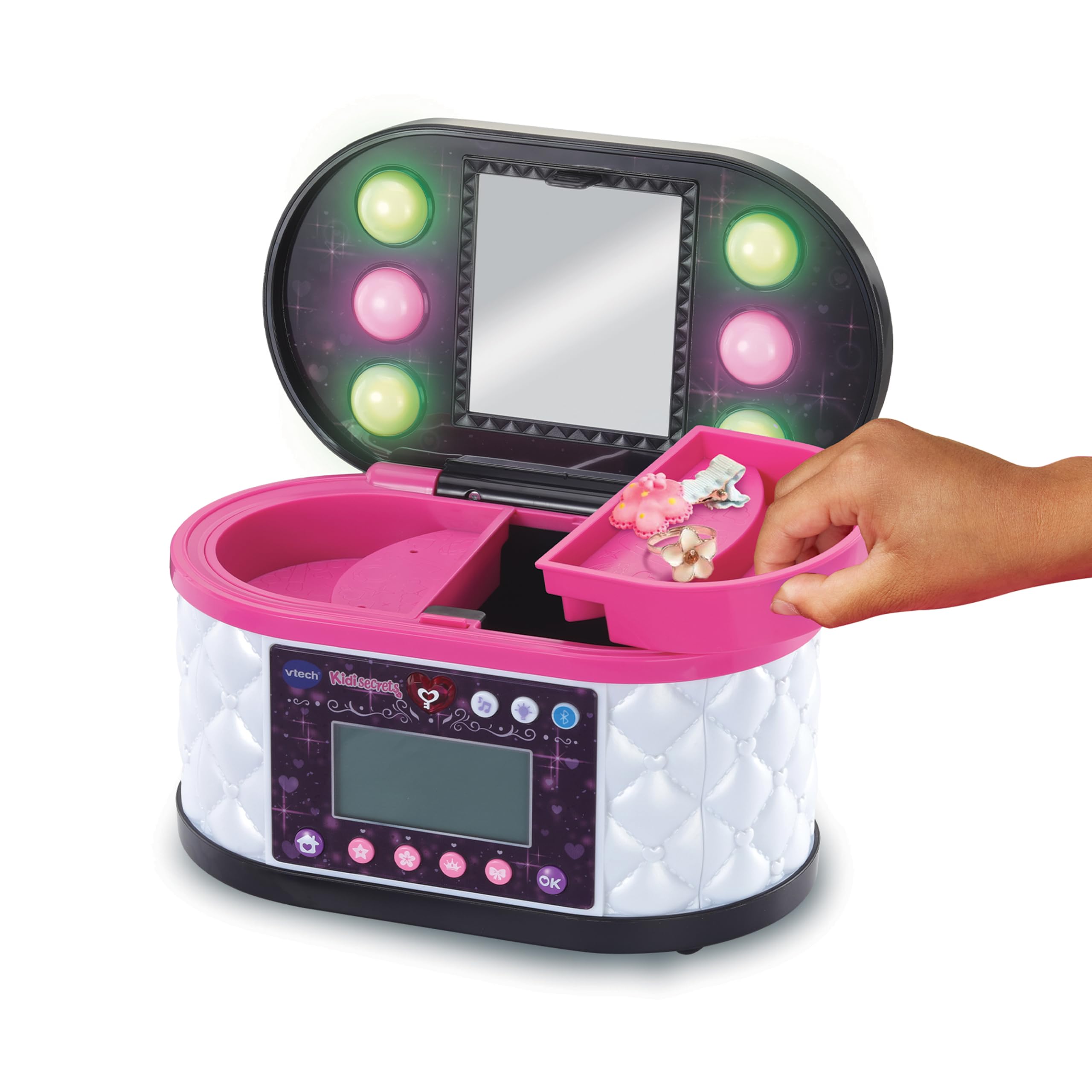 VTech - KidiSecrets Ma Mallette Beauté Magique Noire - Boîte Secrète avec Code, Miroir LED, Bluetooth, Jeux - Vanity Maquillage, Boîte à Bijoux Musicale - Cadeau Enfant Dès 5 Ans - Contenu en Français