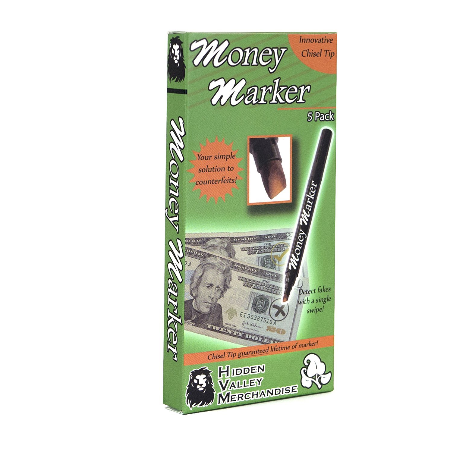 HVM Counterfeit Money Detector Pen (5 Counterfeit Pens) - Money Marker Bill Detector Pen with Upgraded Chisel Tip - Detect Fake Bills, Universal False Currency Checker Pack