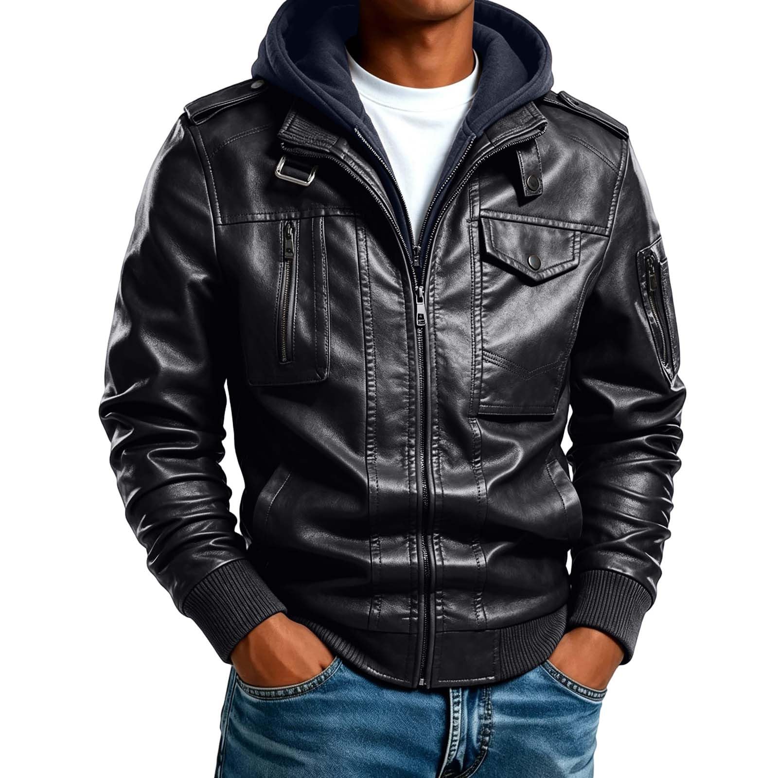 Lederjacke Herren mit Kapuze Leder Jacke Motorrad Jacke mit Brusttaschen Kapuzenjacke Slim Fit Outdoor Jacken Winterjacke Herbstjacke Mode Bikerjacke Freizeitjacke Herrenjacke
