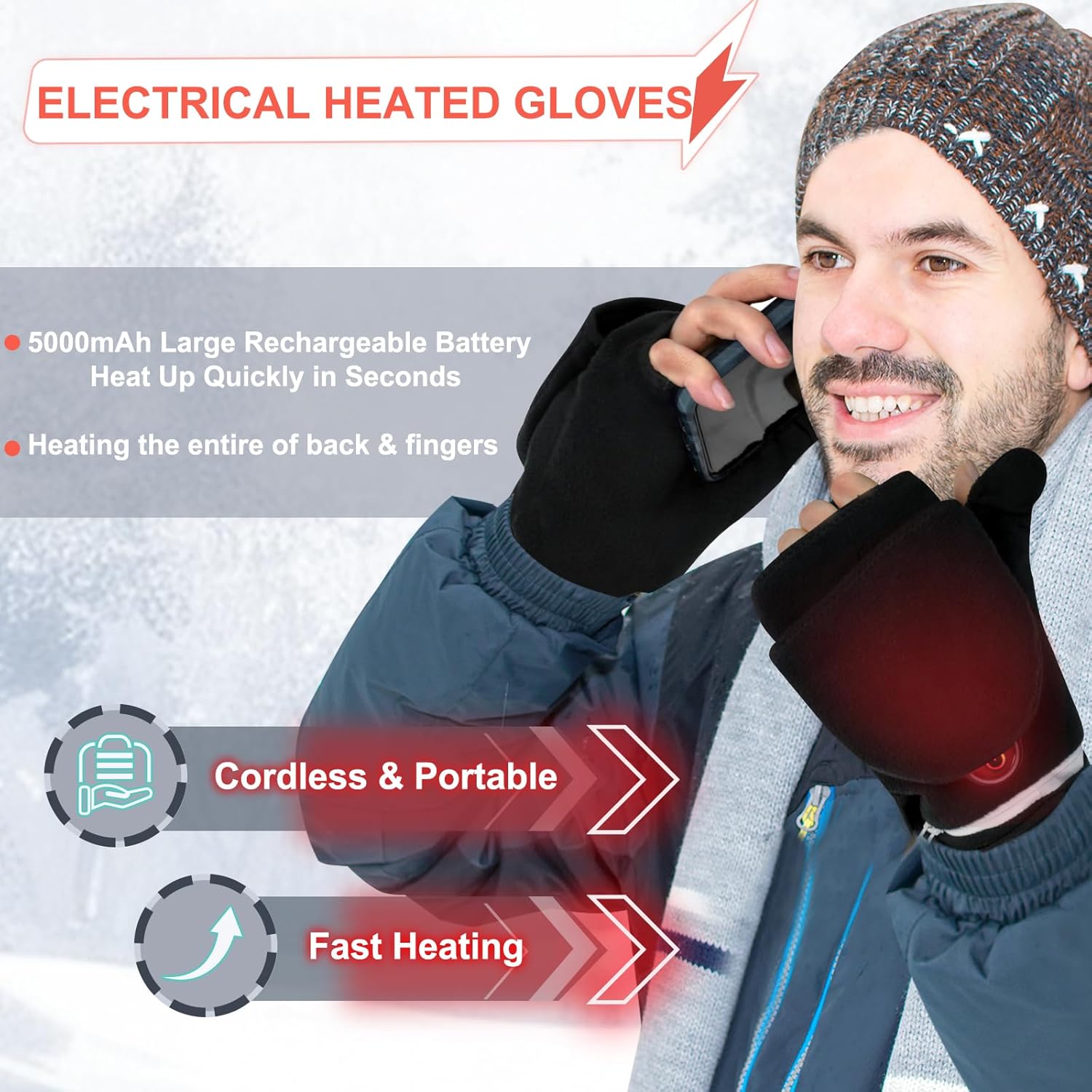 Heated Gloves for Men Women, Rechargeable Full & Half Hands Electric Fingerless Heated Mittens, 5000mAh Rechargeable Battery, 3 Heating Levels, Cold Winter Hand Warmer for Work Cycling Skiing Snow - Image 5