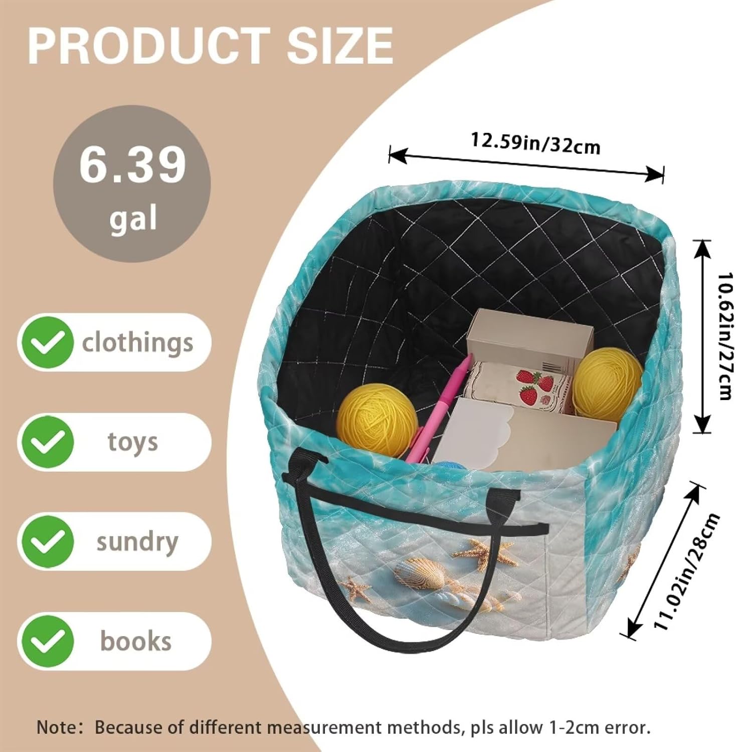 Shell Starfish Laundry Basket, Quilted Large Storage Basket with Handle Clothes Toy Storage Bin for Bathroom Laundry Room Bedroom 11.02 x 12.6 x 10.63 Inches Thoughtful and Fashionable Gifts
