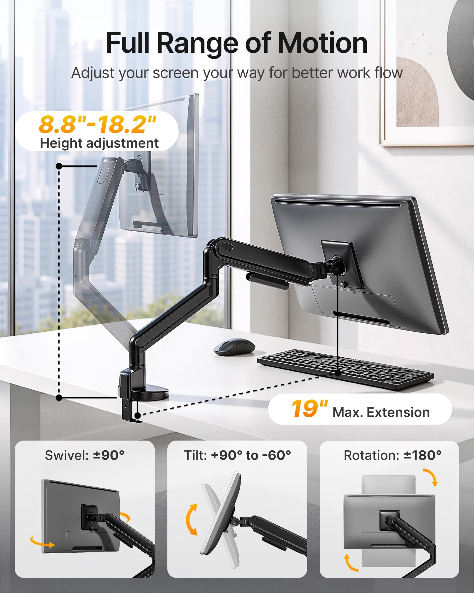 monTEK Braccio singolo per monitor con USB A/C, supporto regolabile per impieghi gravosi per schermi da 17″ a 40″, braccio Full Motions molla meccanica può contenere fino a 12 kg, VESA 75x75/100x100