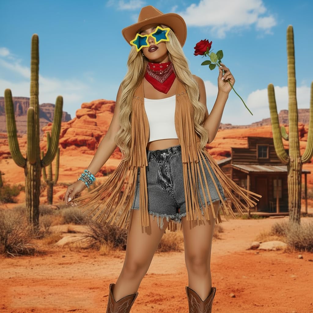 Utaomld Western Cowgirl Costume, Sleeveless Tassel Vest Cowboy Hat Glasses Bandanna 4pcs Halloween Themed Party Outfit - Image 2