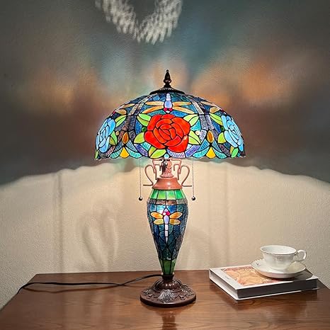 COTOSS Tiffany Table lamp with nightlight,Dragonfly & Rose Stained Glass Desk Light - Antique 16” Large 3-Lights Nightstand Bedside Reading Light for Living Room Bedroom Office photo 2