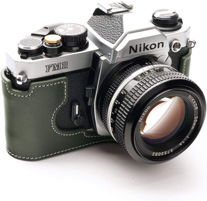 Promo Discount Up To 70% Off Nikon FM2 Case, BolinUS Handmade Genuine Real Leather Half Camera Case Bag Cover for Nikon FM2 FM FE FM2n FE2 With Hand Strap (Green)