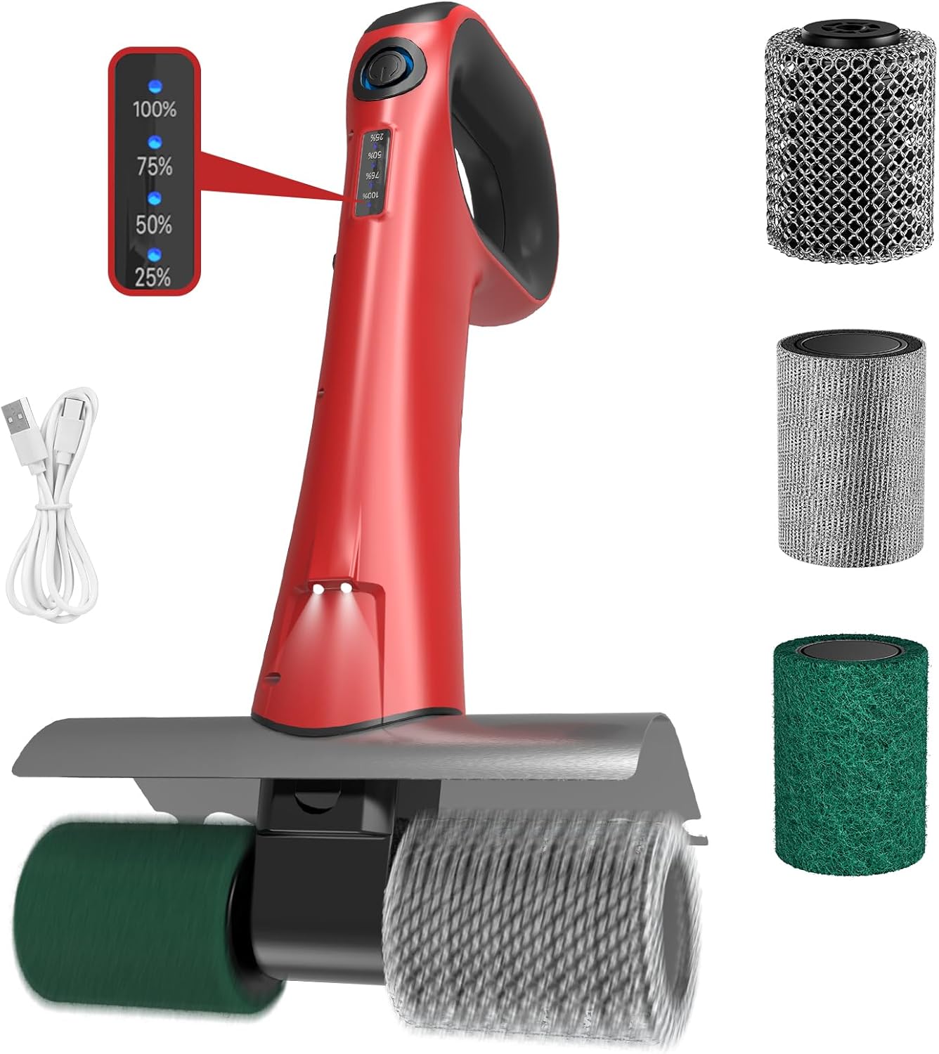 Hillyfe Grill Brush for Outdoor，Cordless Rechargeable Grill Brush with 3 Brush Heads, Grill Electric Cleaning Brushes Without Bristles, LED Light, Grill Scraper, Grilling Gifts for Men,Red