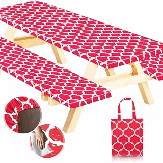 RNOONY Fitted Vinyl Picnic Table Cover with Bench Covers and Bag, 6ft Outdoor Waterproof Windproof Picnic Tablecloth with Elastic Edges. Camping RV Gear Must Have 72x30 Inches 3 Pcs Set (Red Moroccan)