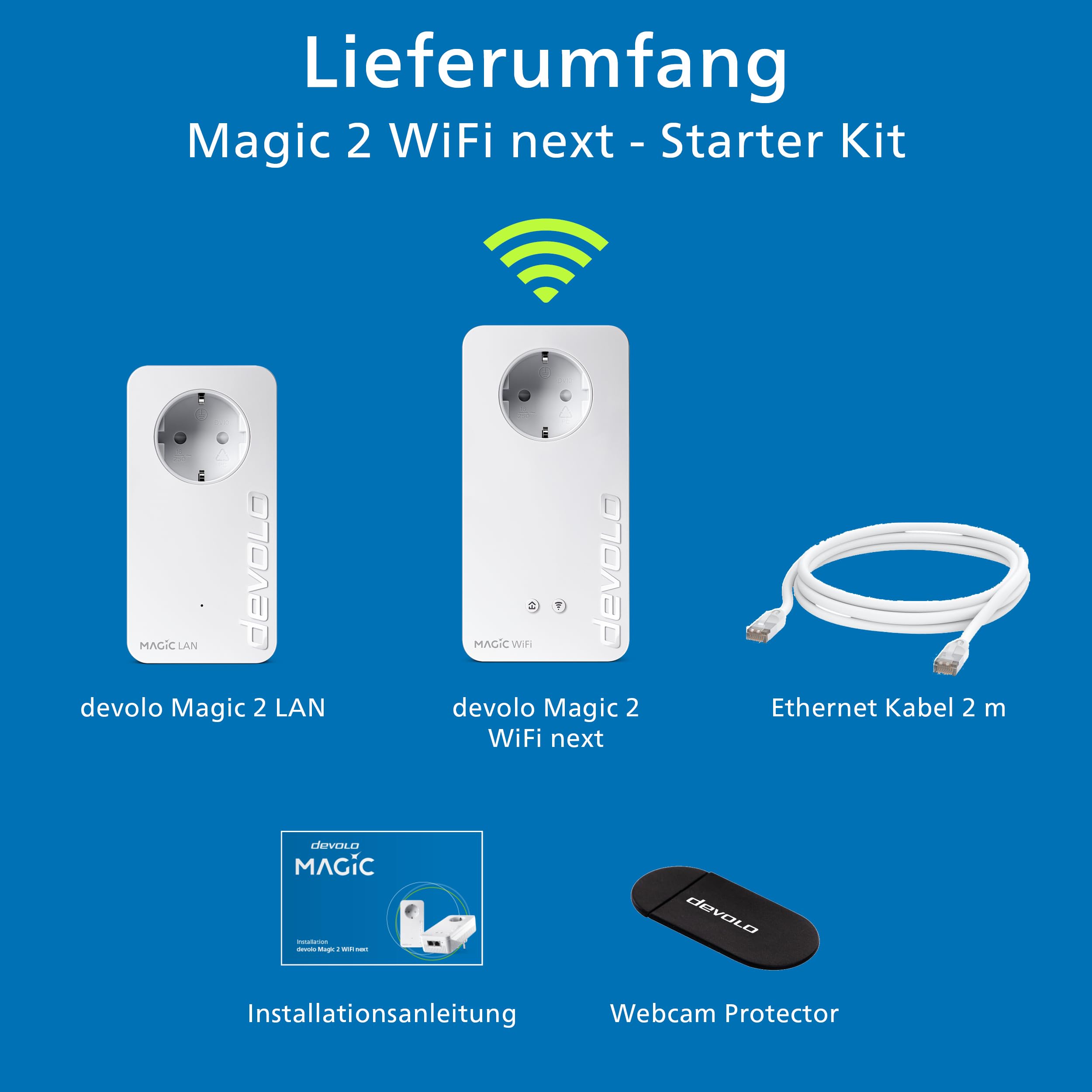 devolo Magic 2 WiFi next Starter Kit, WLAN Powerline Adapter, bis zu 2.400 Mbit/s, Mesh WLAN Steckdose, 2x Gigabit LAN Anschluss, dLAN 2.0, weiß