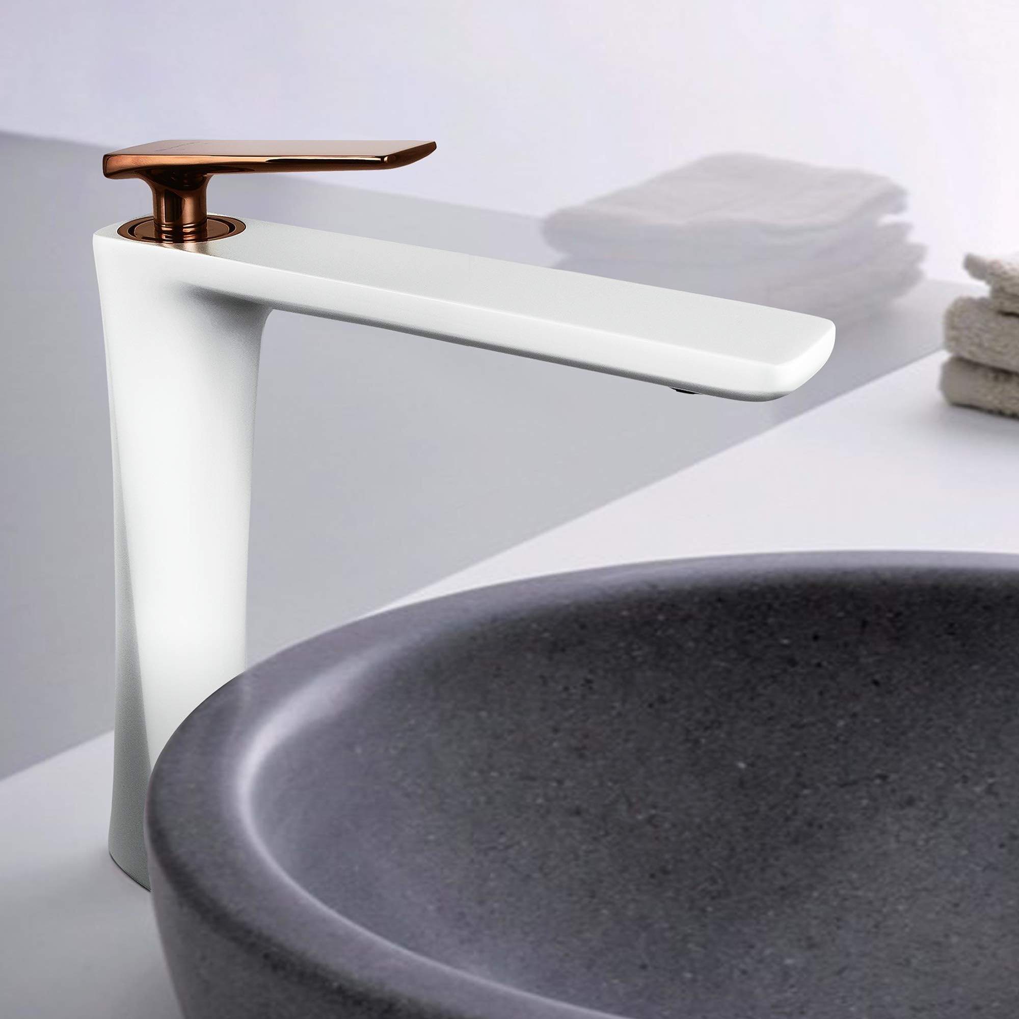 JOMOLA Tall Basin Mixer Tap Single Handle High Rise Lavatory Vessel Sink Faucet Counter Top Monobloc Bathroom Vanity Tap Tall Spout Brass, Matte White
