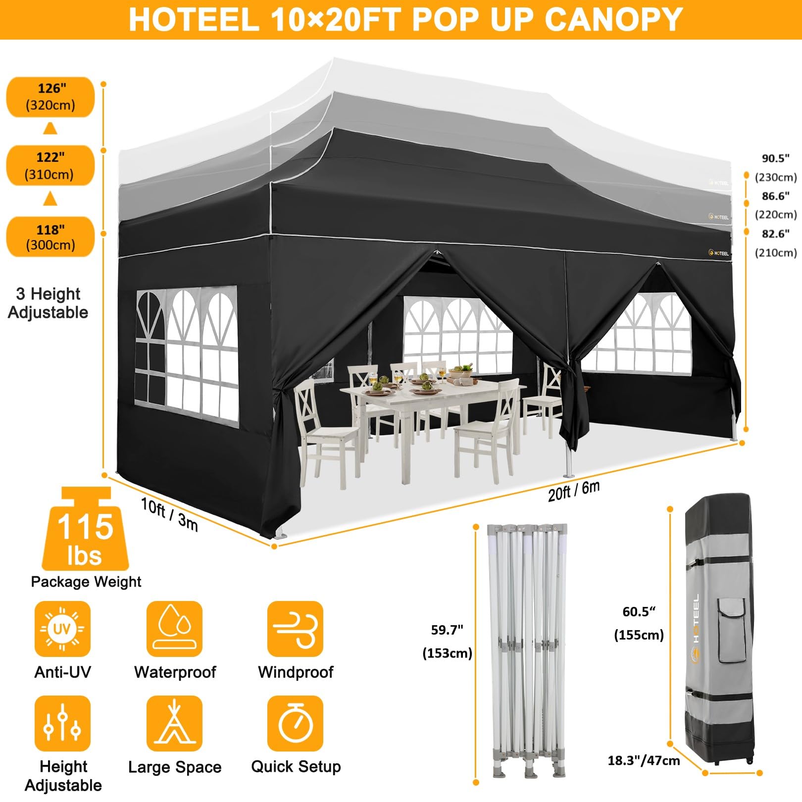 HOTEEL Tents for Parties, 10x20 Pop Up Canopy Tent Heavy Duty with 6 Sidewalls, Commercial Outdoor Canopy Tents for Event Wedding, All Season UV 50+& Waterproof with Roller Bag, Thickened Legs, Black