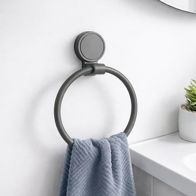Amazon Basics Suction Towel Ring for Bathroom – Rust - Free Powder Coated Wall Mounted Towel Rack No Drill Towel Ring Modern Bathroom Accessories Organizer Grey