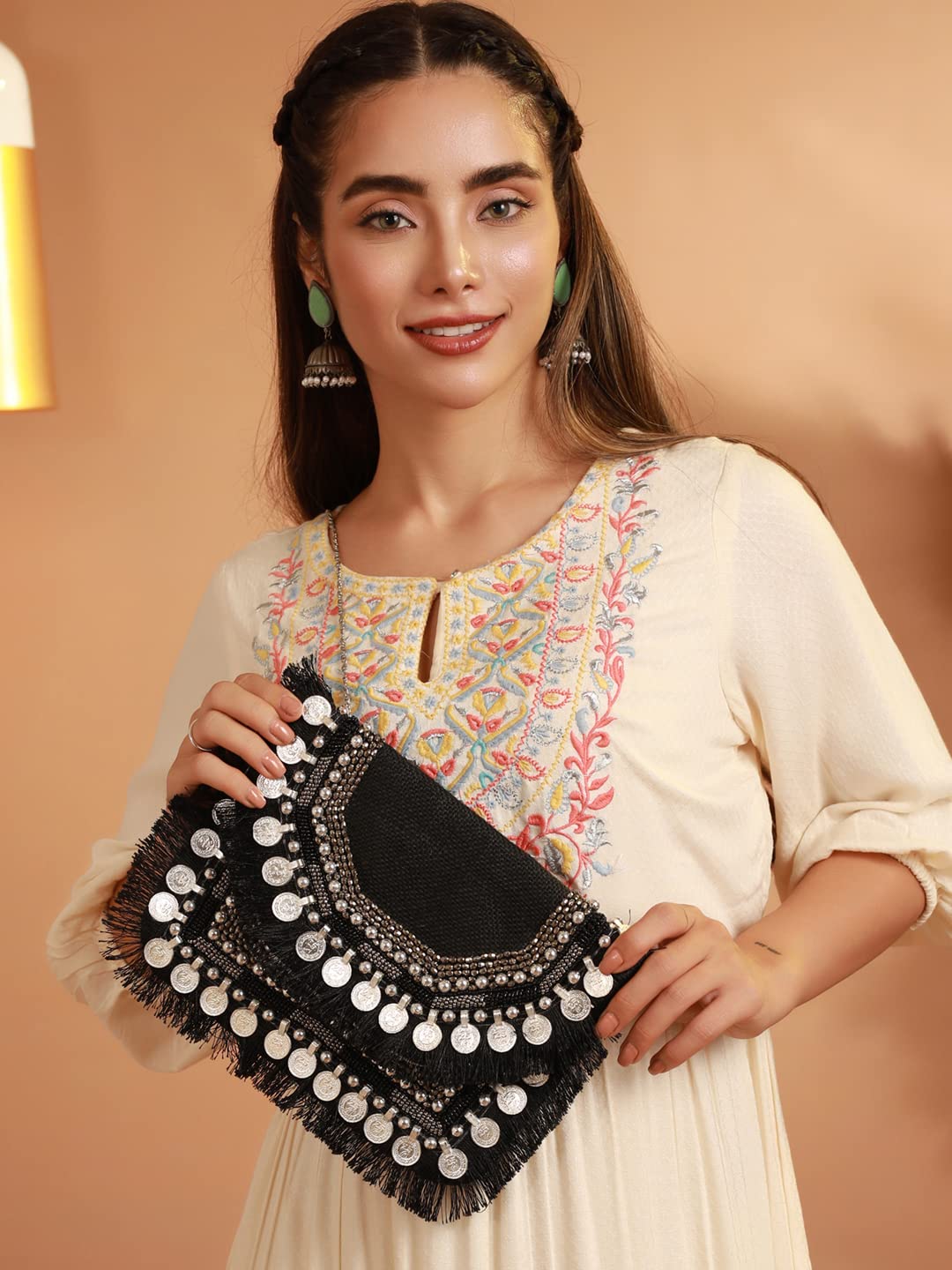Priyaasi Jute Coin Embellished Handmade Sling Bag for Women - Stylish, Trendy, Antique, Casual Crossbody Bag with Detachable Chain, Magnetic Closure, Black - Image 2 thumbnail