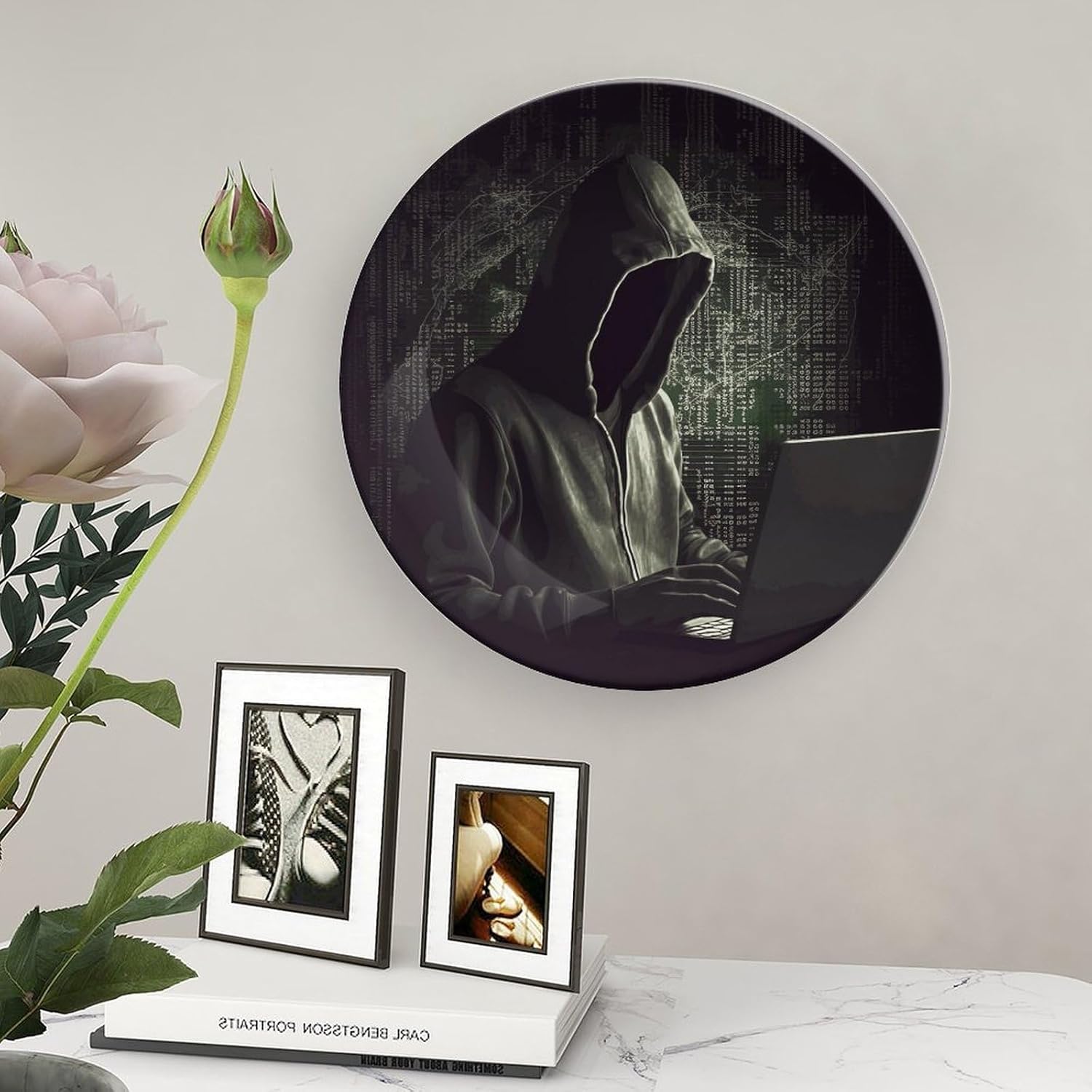 Hacker Bone China Decorative Plate with Display Stand, Ceramic Ornaments Plate for Wall Hanging, Personalized Porcelain Plates for Office, Living Room 8inch