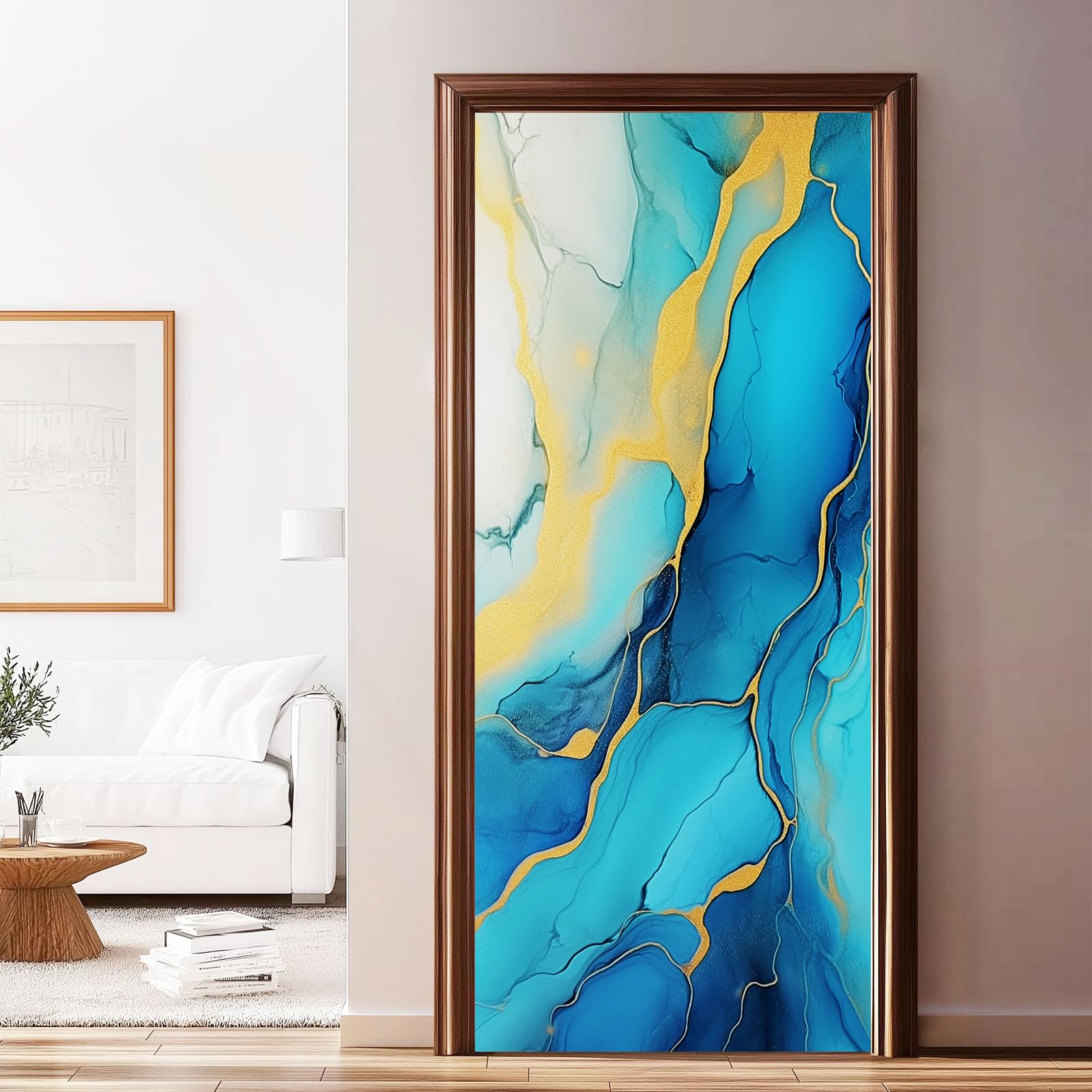 Adesivi 3D per porta con texture astratta in agata, autoadesivo, motivo a vortice ad acquerello, carta da parati rimovibile in vinile per interni, decorazione artistica da parete, impermeabile, blu