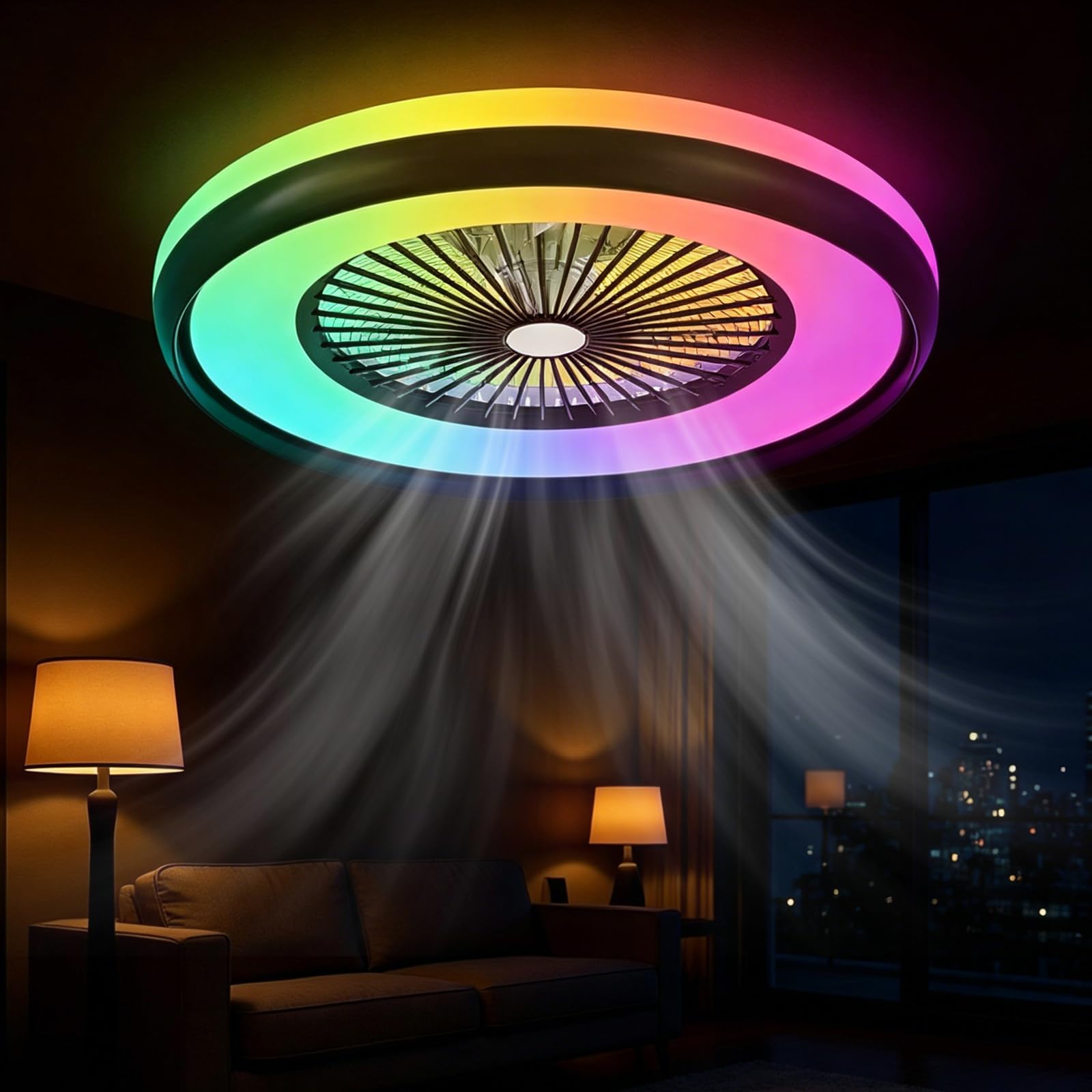 SXDMOUBK 48cm RGB Ceiling Fan with Light, Remote & App Control, 6 Speeds Quiet Ceiling Fan,Dimmable LED,Timer Reversible Motor,Fan Light Ceiling, Memory Function for Bedroom Kids Room