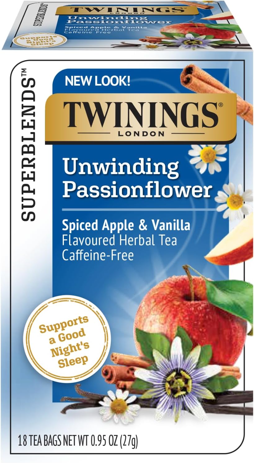 Twinings Unwind Tea - Spiced Apple and Vanilla Flavoured Passionflower & Camomile Tea, Naturally Caffeine-Free Herbal Tea Bags Individually Wrapped, 18 Count