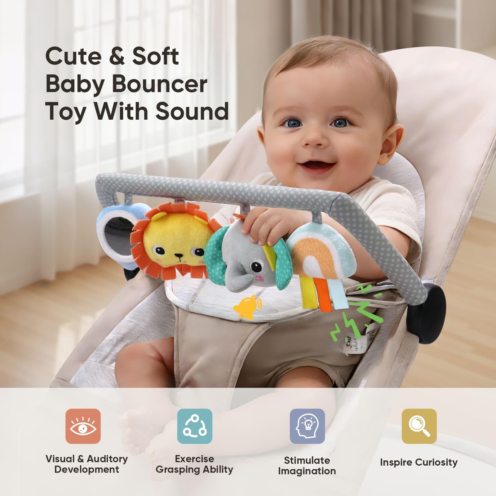 TinlyFinly Baby Bouncer Toy Bar Soft with 4 Hanging Sensory Toys Attachment, Compatible with Baby Bjorn Bouncer, with Mirror, Rattle, Crinkle Sound for Babies All Ages (Colorful Animals) - 3