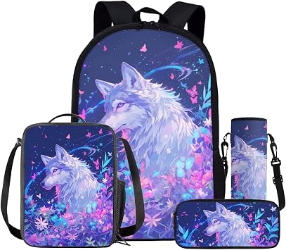 Cool Wolf Graphic Backpack for Girls 4-6 6-8 10-12 Kids School Bag with Lunch Box Pencil Case Bottle Sleeve Elementary Preschool Kindergartener Middle School Bookbag Kawaii Animal Daypack