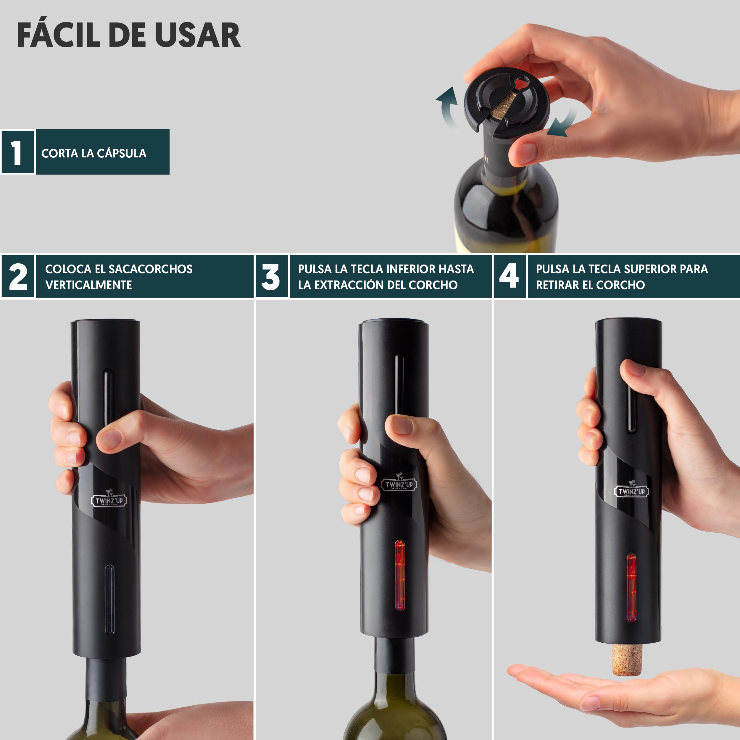 Sacacorchos Eléctrico Recargable 6 en 1 con corta cápsula, Boquilla Aireador, Bomba de Vacío, Tapón y Cable USB del Abridor de Vino Electrico - Regalo hombre para amantes del vino